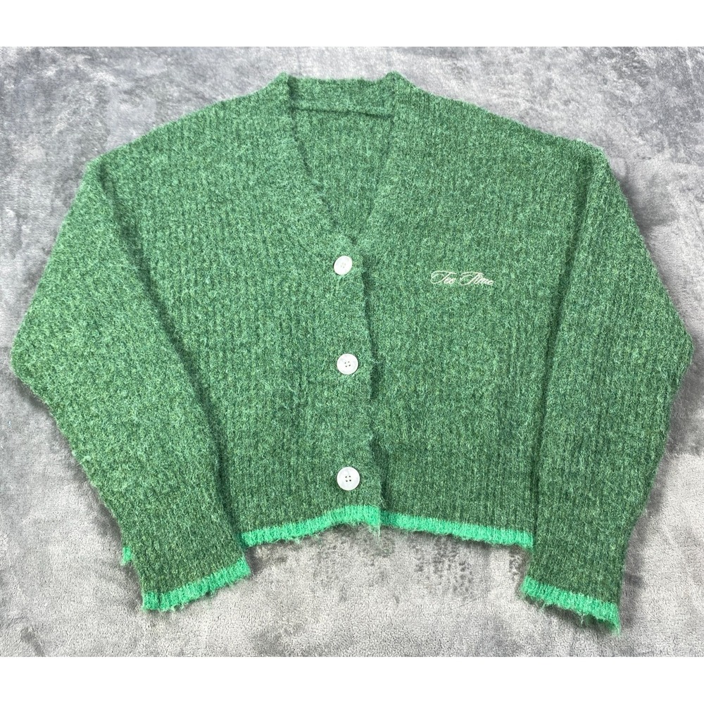 Womens Medium Cardigan Sweater Green Wool Blend Fuzzy Preppy Button Tee Time